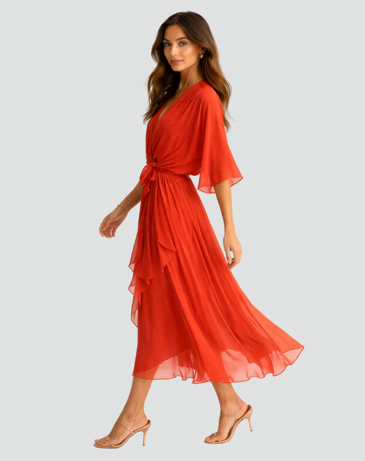Beautiful women's elegant wrap midi dress for parties & formal events. Features V-neck & tie waist.