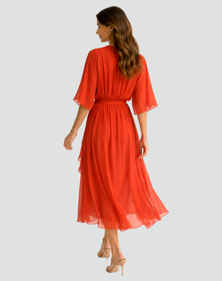 Elegant women's V-neck wrap midi dress with a flattering tie waist. Perfect for formal parties & summer.
