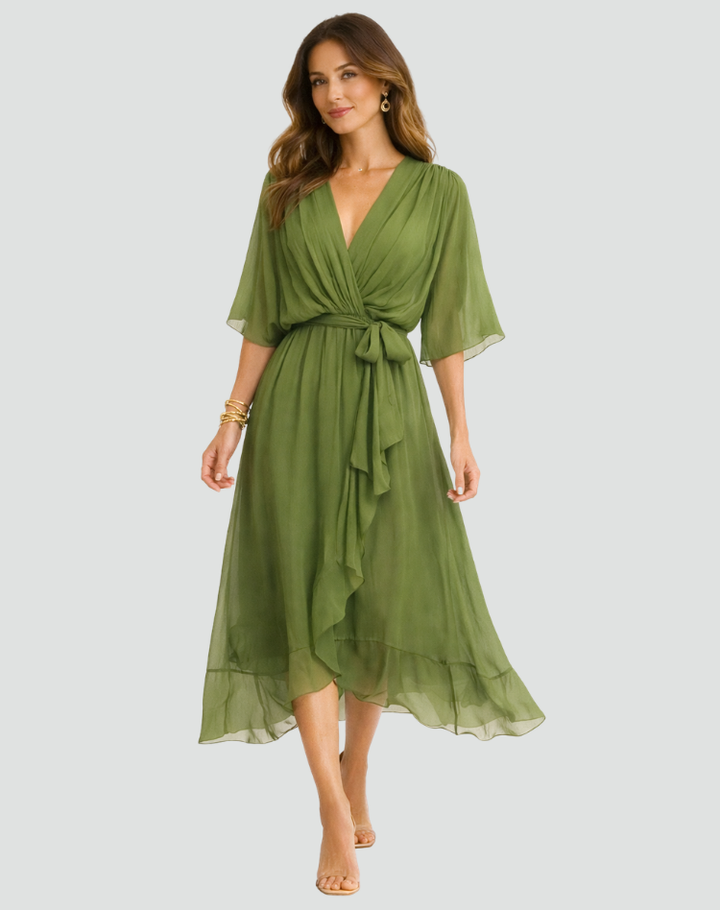 Women's elegant party midi dress with wrap neckline and tie waist. Perfect for formal events.