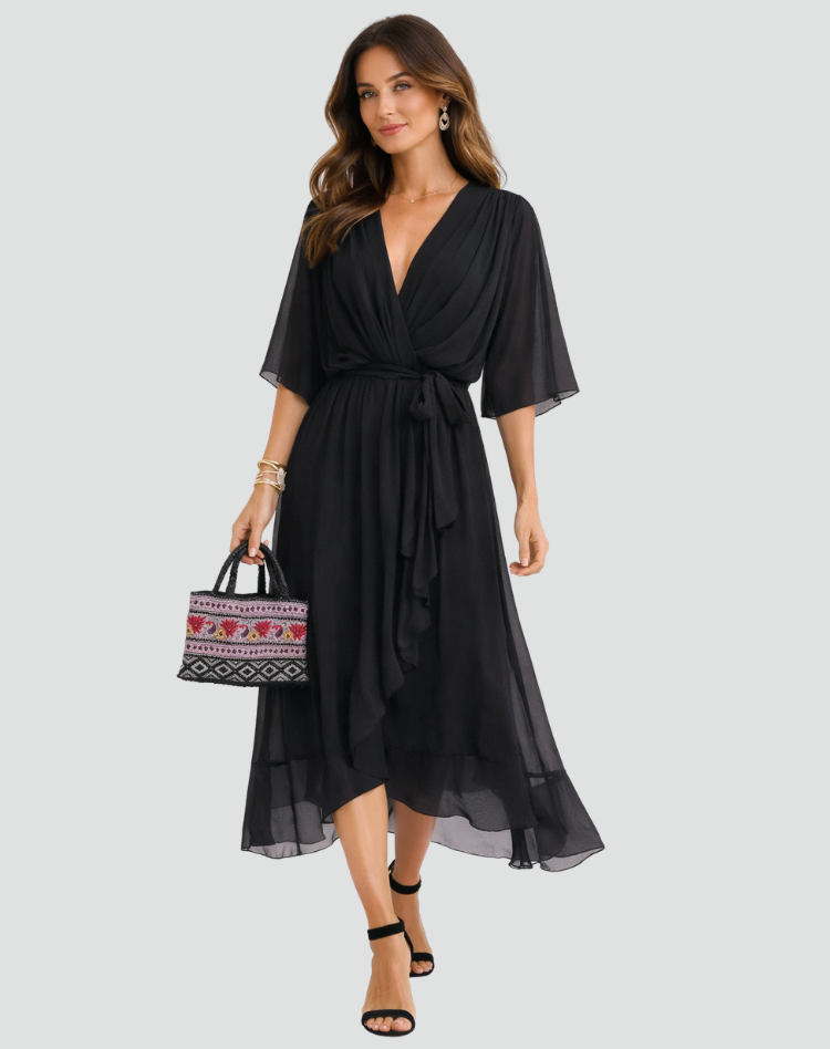 Chic women's summer wrap midi dress with V-neck. Ideal for elegant warm-weather special occasions.