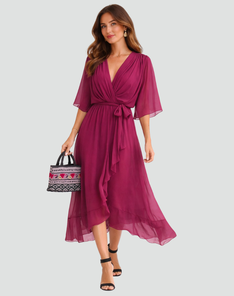 Soft, elegant women's wrap midi dress. V-neckline & tie waist for formal or party wear.