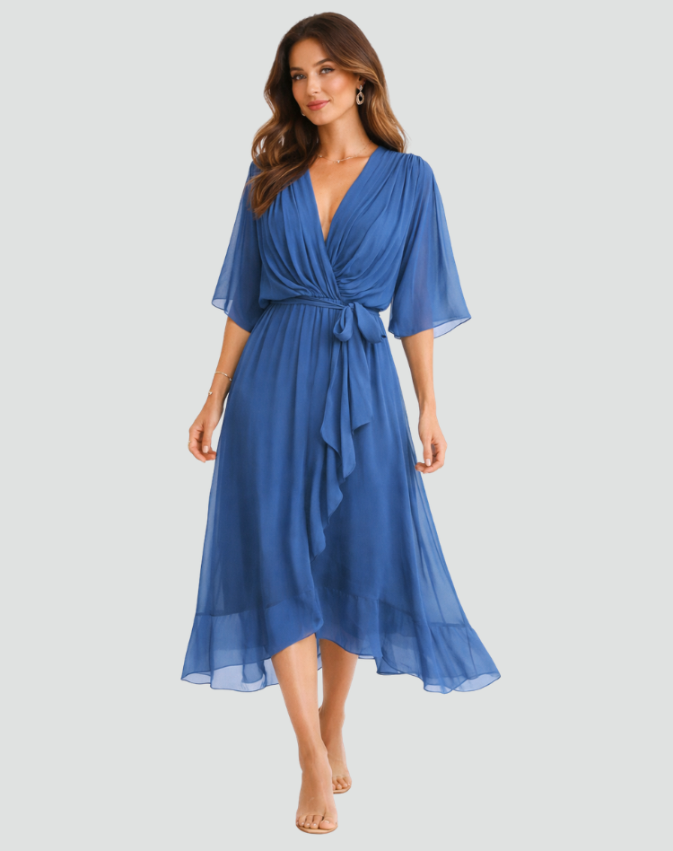 Flattering women's elegant wrap midi dress with a V-neck & adjustable tie waist. Perfect for parties.