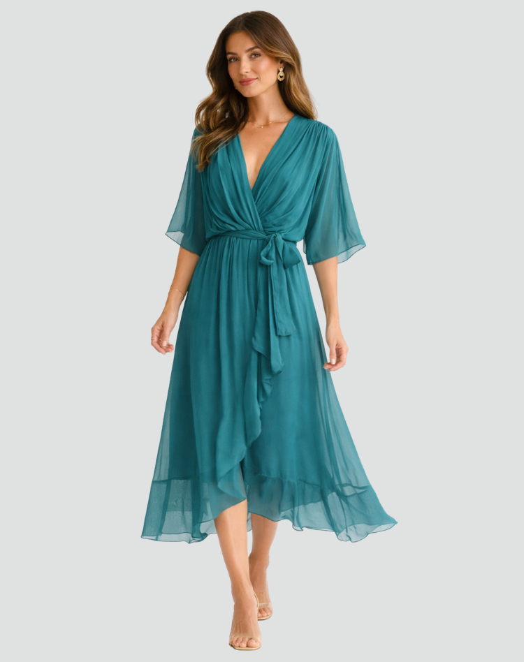 Versatile elegant women's wrap midi dress. Ideal for formal wear, parties, or special summer occasions.