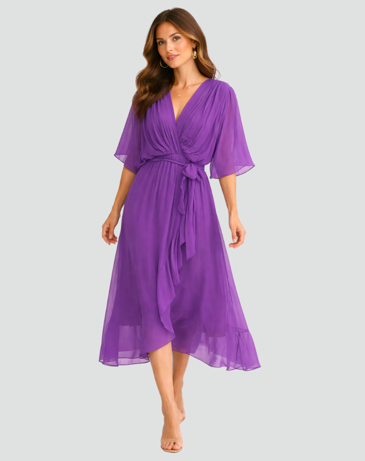 V-neck elegant women's wrap midi dress with a stylish tie waist. Perfect formal or party fashion.