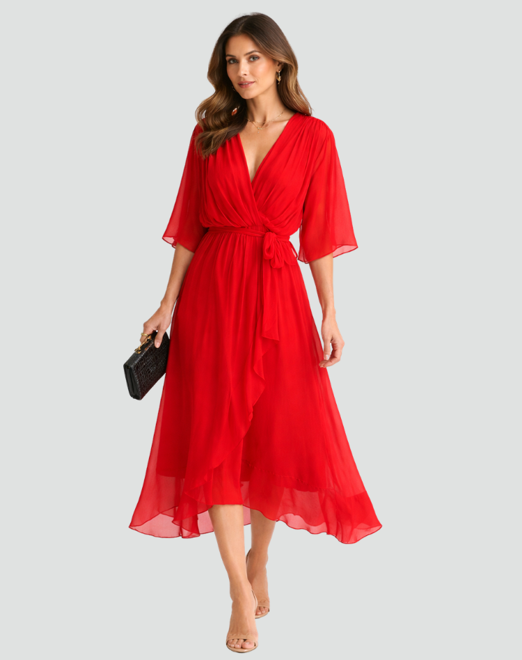 Elegant women's wrap midi dress, V-neck, tie waist. Ideal for formal occasions & summer parties.