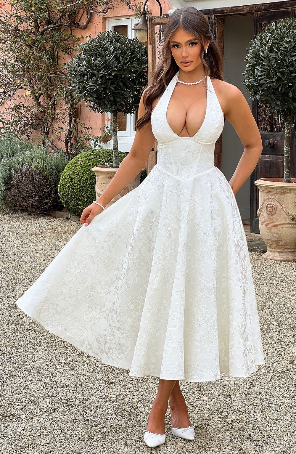 Chic A-line white midi halter dress with corset detail for women; ideal as a formal special occasion outfit.