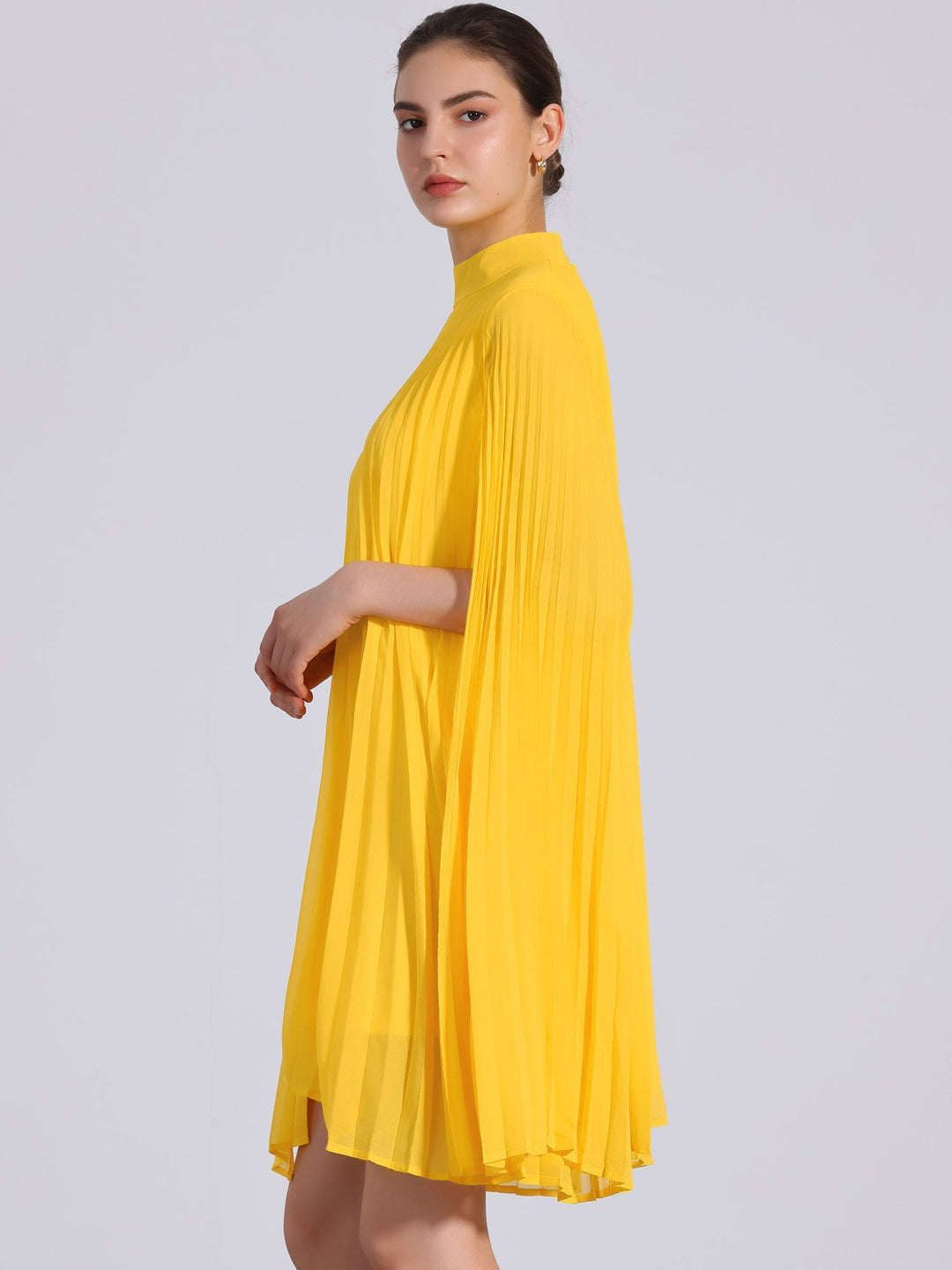 Vibrant yellow midi dress with delicate pleats & elegant cape sleeves. A flowy, comfortable women's party dress.