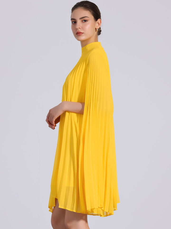 Vibrant yellow midi dress with delicate pleats & elegant cape sleeves. A flowy, comfortable women's party dress.