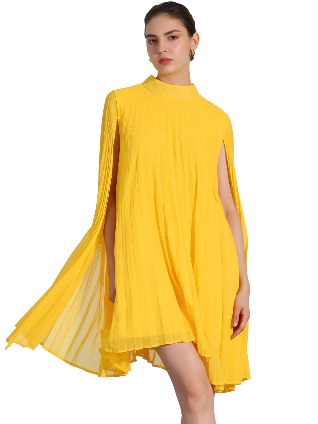 Chic women's yellow party dress. Pleated swing design with graceful cape sleeves, ideal for weddings & events.