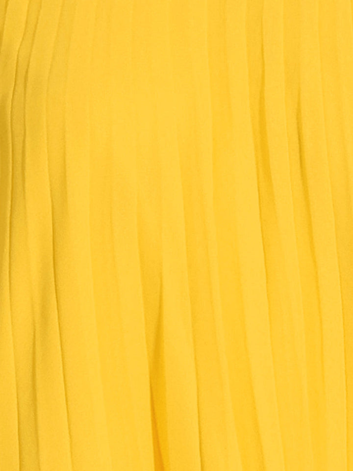 Flowy yellow summer dress for women, featuring a pleated swing skirt & elegant cape sleeves for stylish comfort.