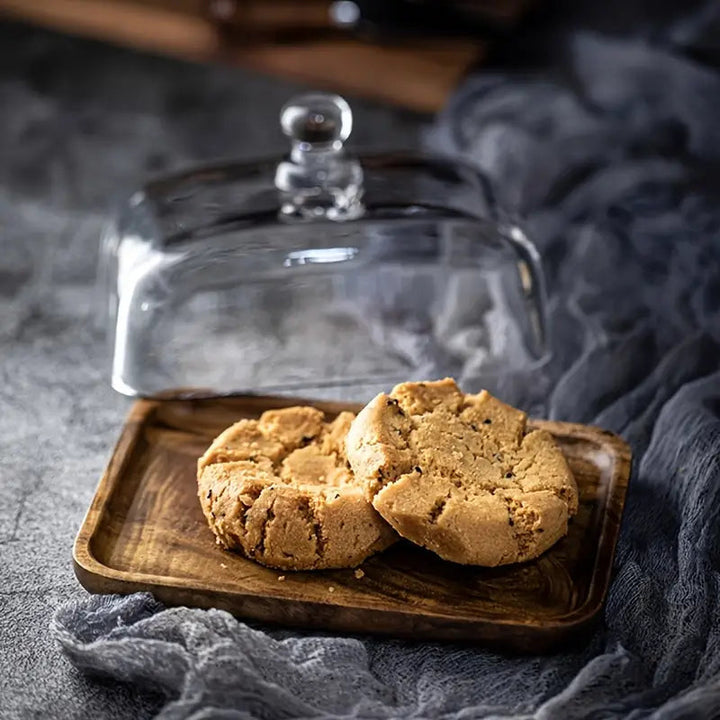 Premium wooden butter dish with clear glass cover, a sophisticated serving dish for home entertaining and daily use.