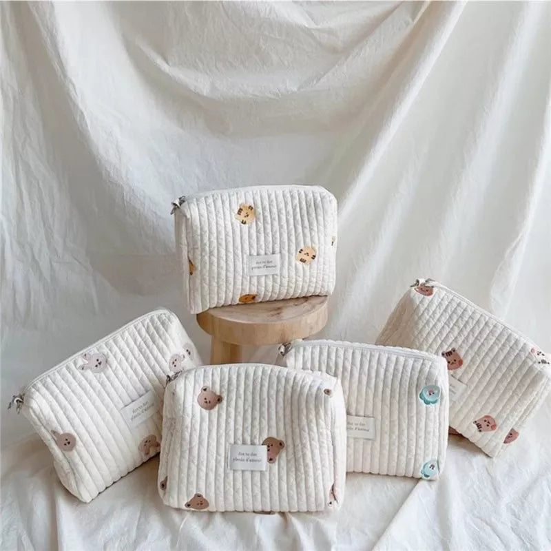 Embroidered cotton baby stroller organizer with diaper caddy, portable storage for mom essentials