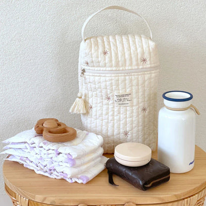 Light blue embroidered stroller wet bag with zipper, a handy mommy bag for baby storage.
