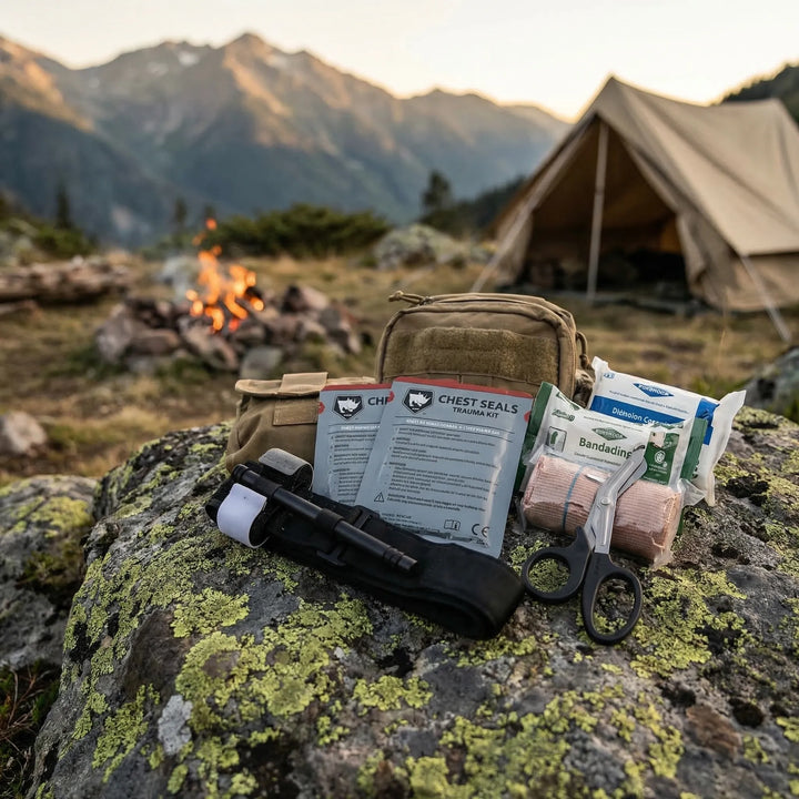 Emergency Trauma Kit with tactical MOLLE pouch. Essential first aid for outdoor adventures & disaster preparedness.