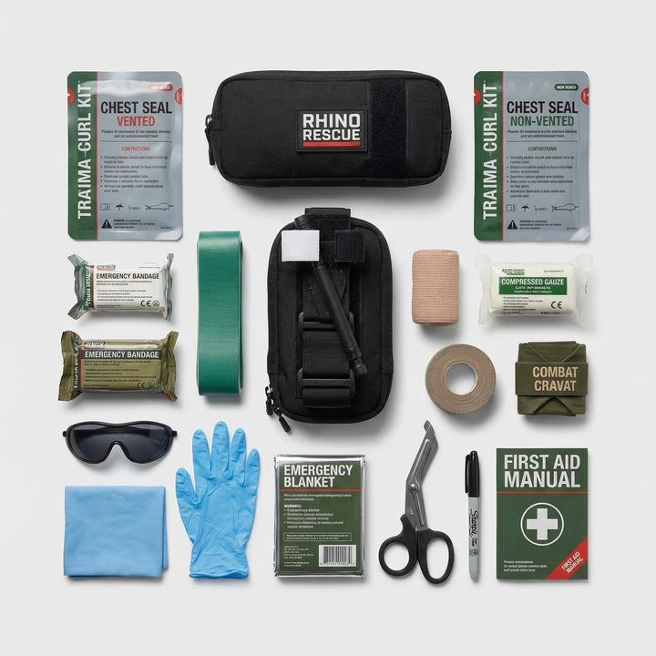 Compact Tactical First Aid Kit for emergencies. Durable MOLLE pouch holds vital medical supplies for survival.