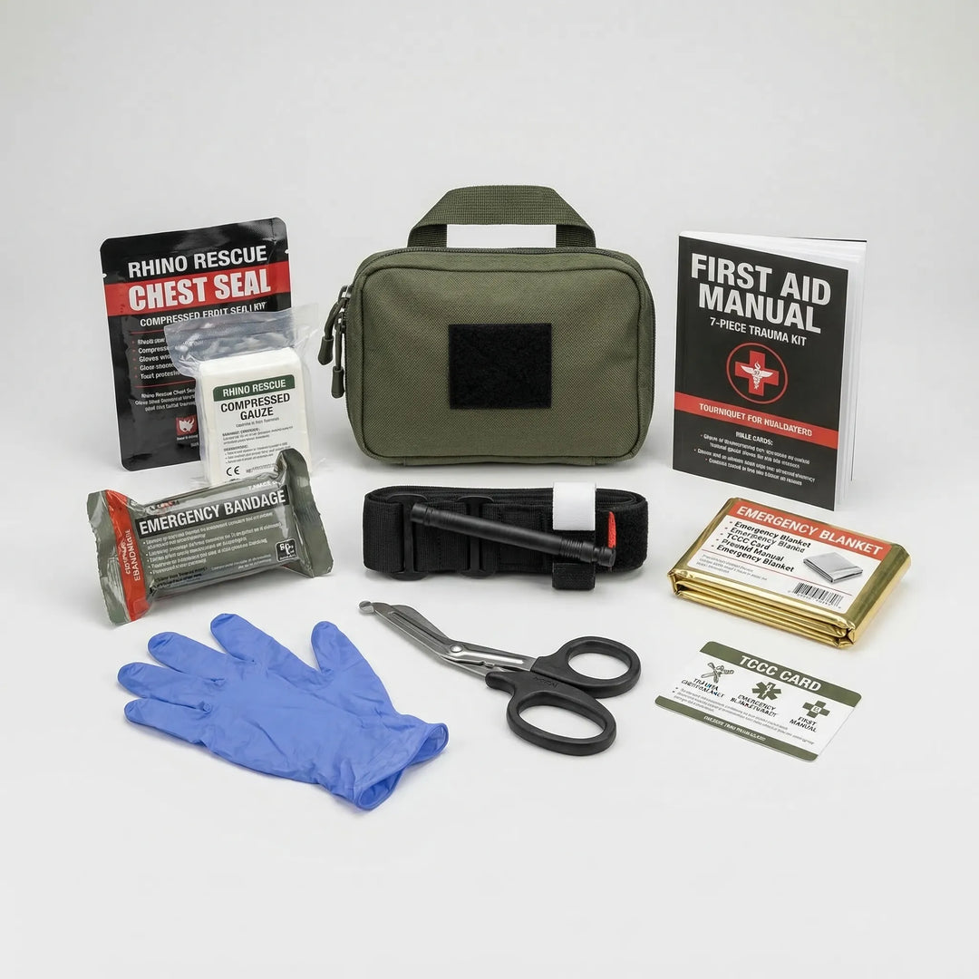 Survival First Aid Kit: comprehensive emergency medical supplies in a rugged tactical MOLLE pouch for preparedness.