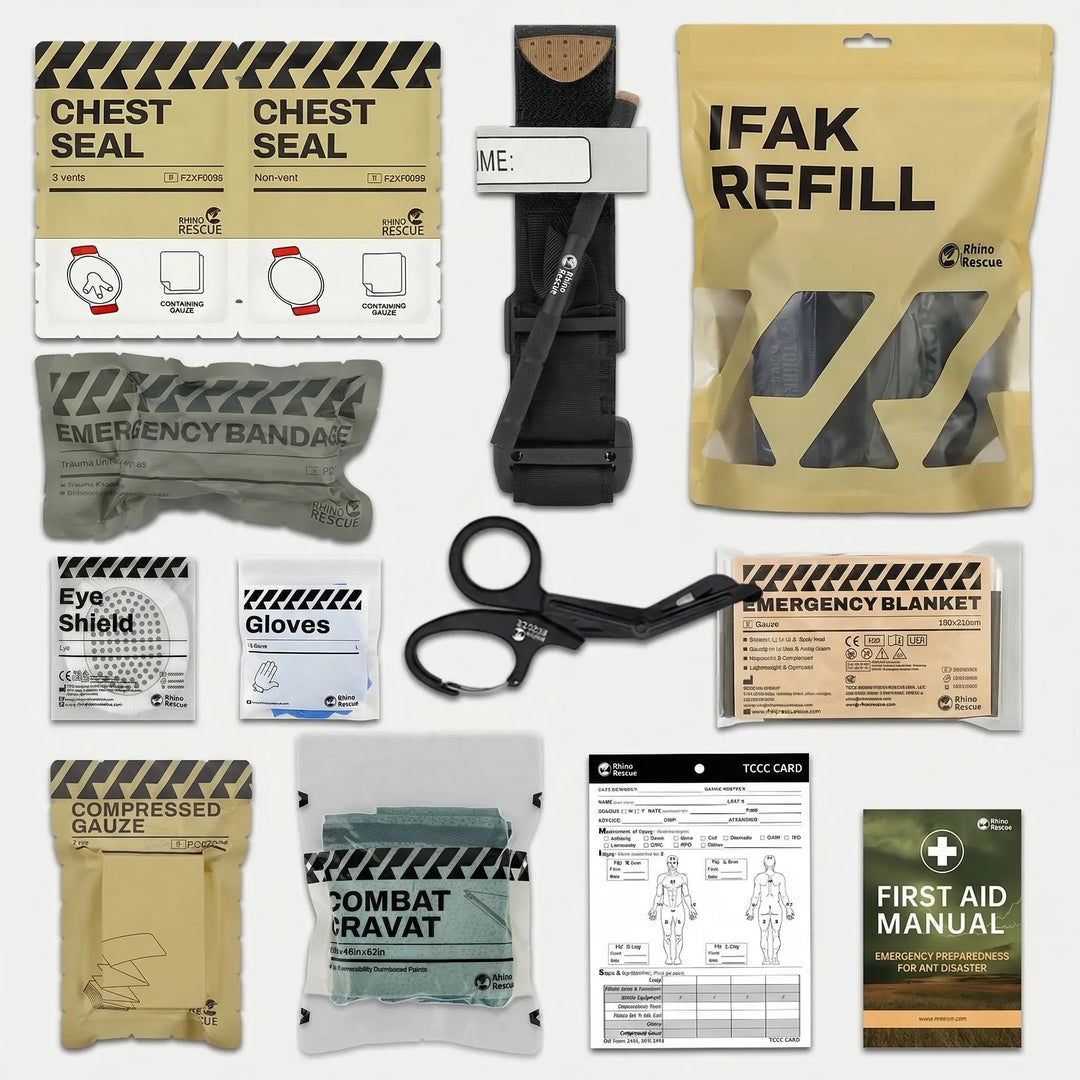 Portable Tactical First Aid Kit. Compact, durable molle pouch with essential medical supplies for emergency response.