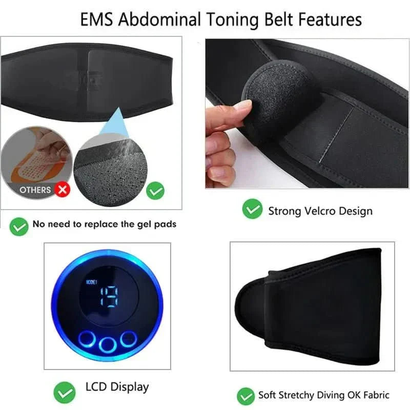 Advanced EMS trainer for abdominal muscles. This electric stimulator is ideal for fitness, core workouts & toning.