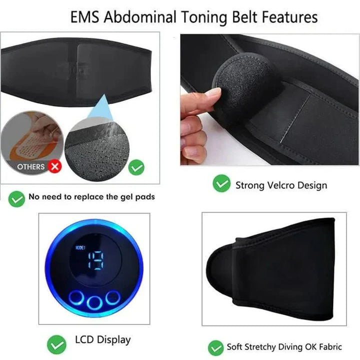 Advanced EMS trainer for abdominal muscles. This electric stimulator is ideal for fitness, core workouts & toning.