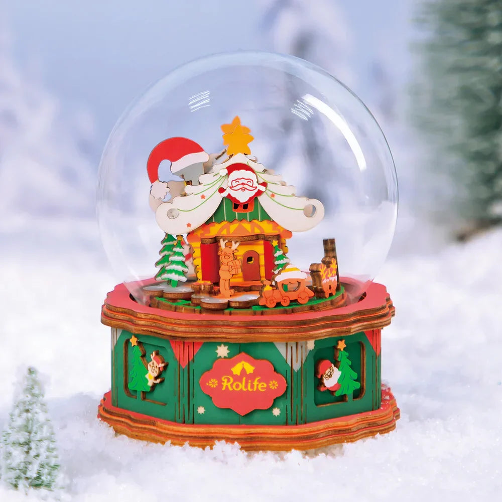 Detailed Christmas Town music box snow globe, a perfect holiday gift and seasonal decoration