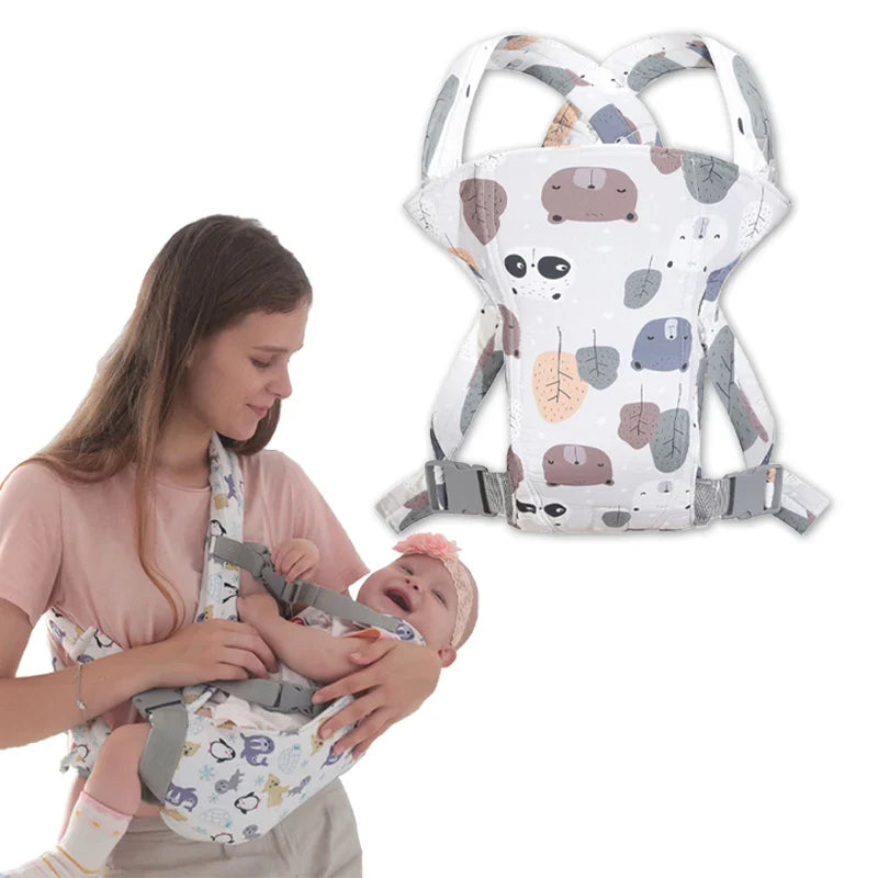 Newborn in an ergonomic baby carrier, demonstrating comfortable and secure positioning for infants.