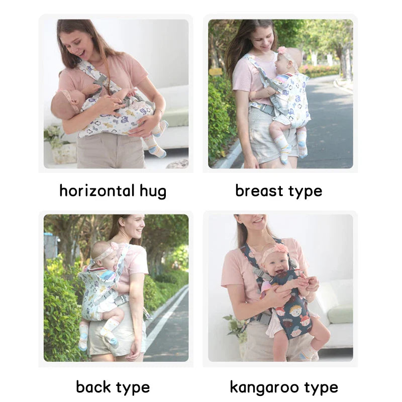 Parent wearing a lightweight ergonomic baby carrier, illustrating ease of use and hands-free parenting.