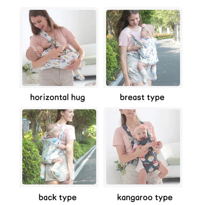 Parent wearing a lightweight ergonomic baby carrier, illustrating ease of use and hands-free parenting.