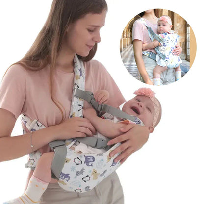 Adjustable straps and buckles of an ergonomic baby carrier, showing customization for different body types.