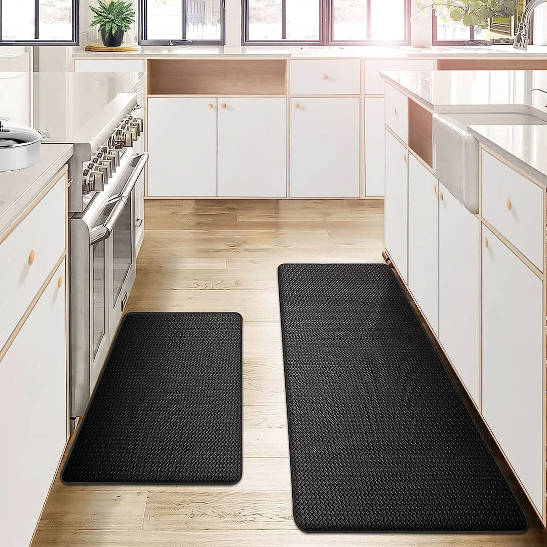 Close-up of textured ergonomic kitchen mat, showing durable material for standing comfort & support.