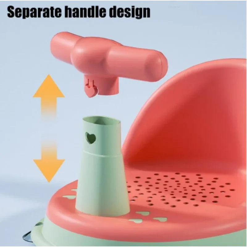 Toddler comfortably seated in an ergonomic bath seat, demonstrating safety features