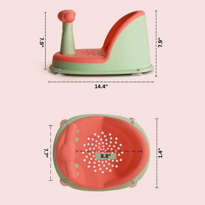 White ergonomic baby bath seat with soft-touch material, essential infant care item