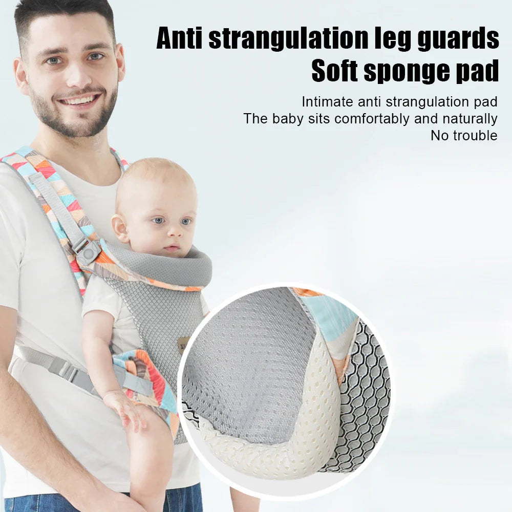 Breathable baby carrier, black with mesh inserts, showcasing airflow design