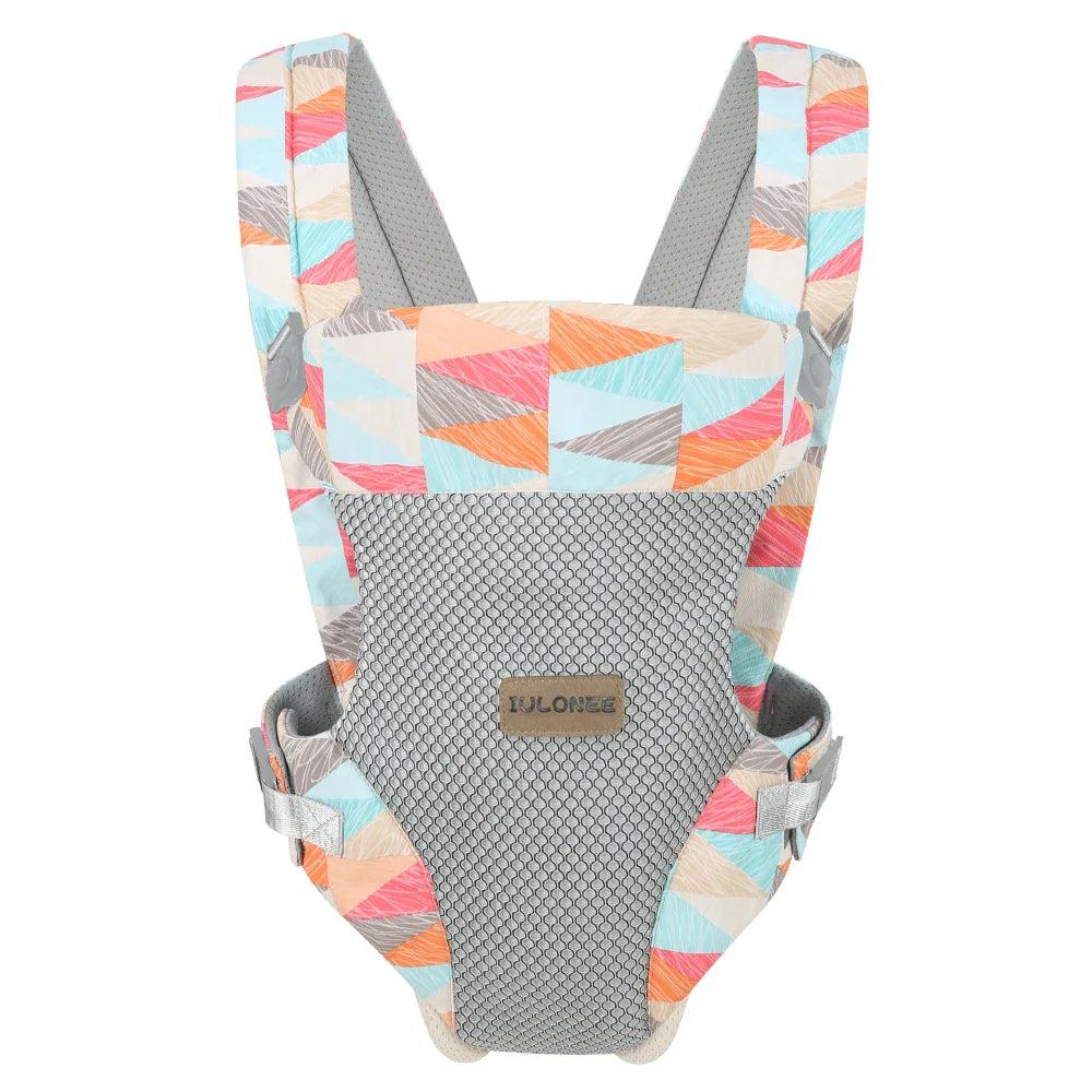 Ergonomic infant backpack in blue, parents hiking with baby securely inside