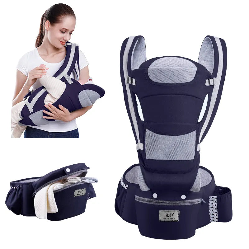 Ergonomic baby carrier backpack with front-facing hip seat for infant comfort & support.