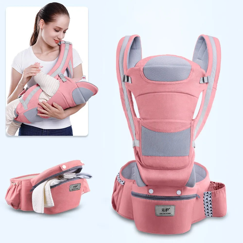 Baby comfort focus: ergonomic infant sling with hip seat, allowing easy front-facing view.
