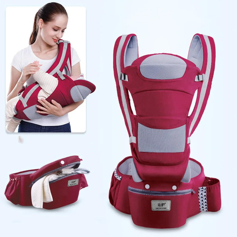 Ergonomic baby carrier backpack, grey, highlighting the wide, supportive hip seat.