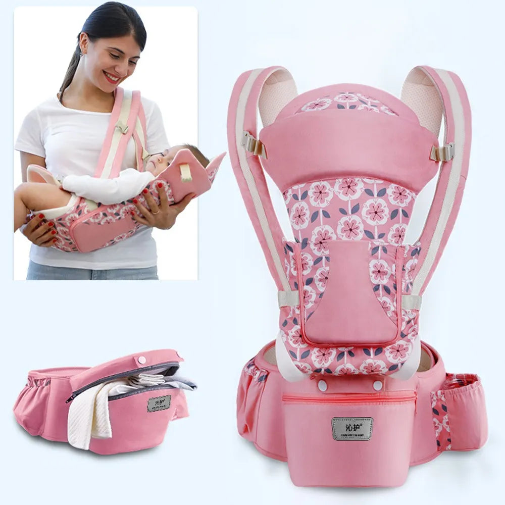 Father using ergonomic front-facing baby carrier with hip seat, walking outdoors with infant.