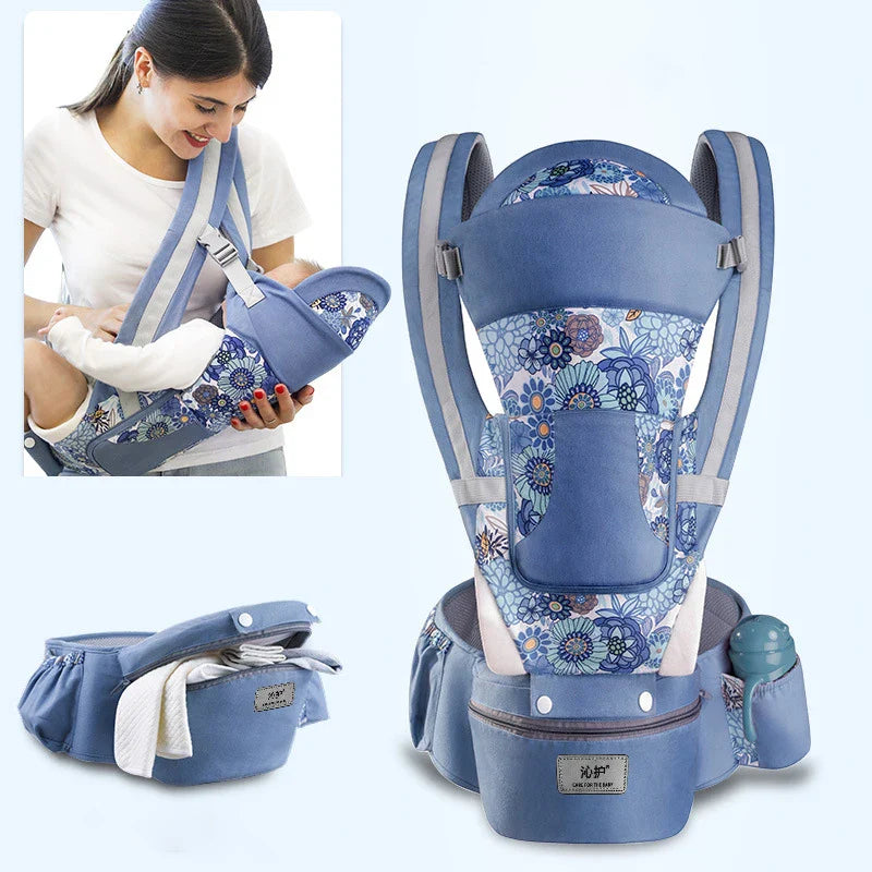 Side view of ergonomic baby carrier, showcasing the hip seat's sturdy design for infants.