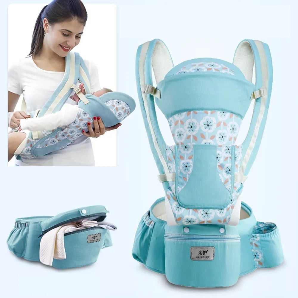 Infant enjoying a front-facing view in an ergonomic baby carrier with a comfortable hip seat.
