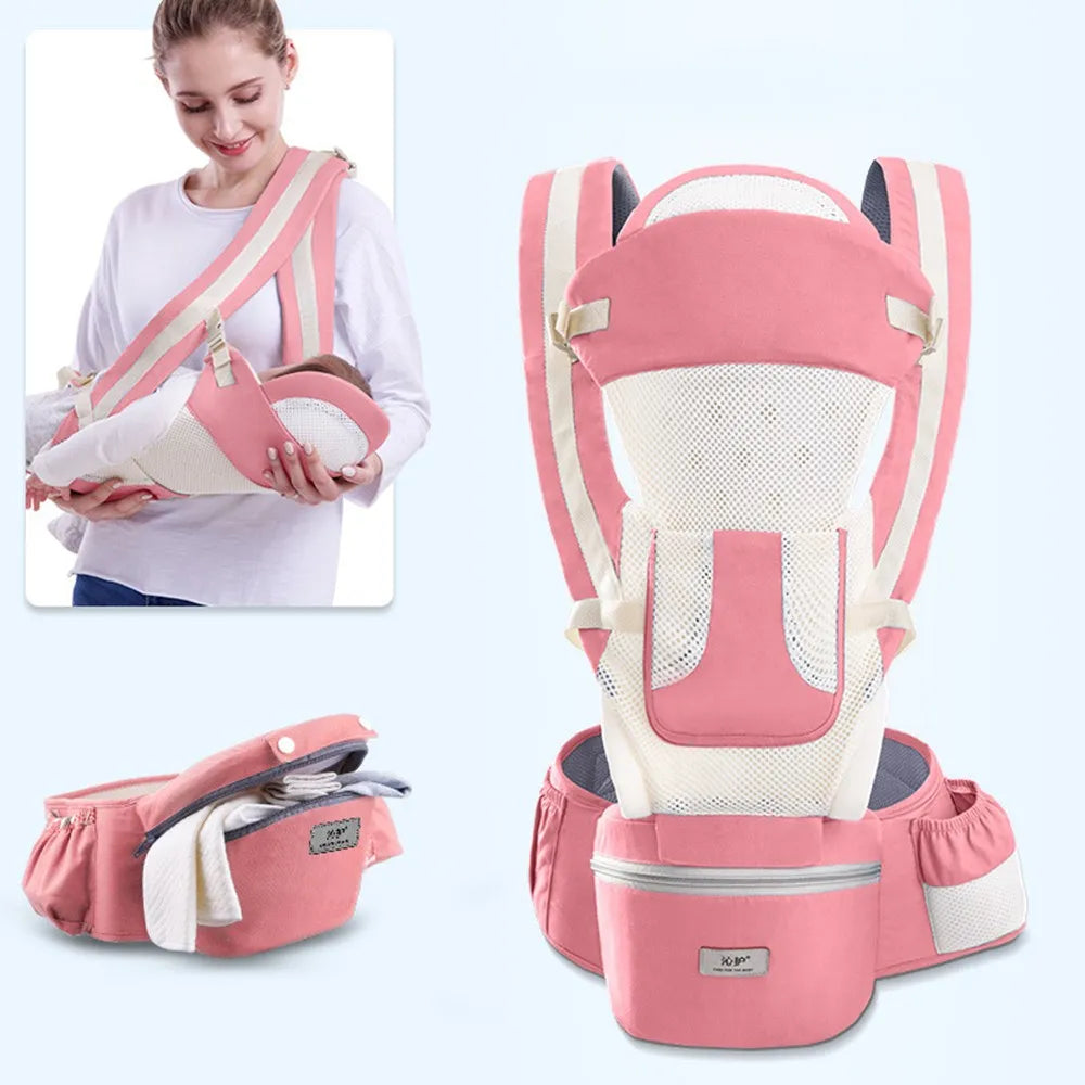 Stylish ergonomic baby carrier in a modern design, complete with a practical hip seat.