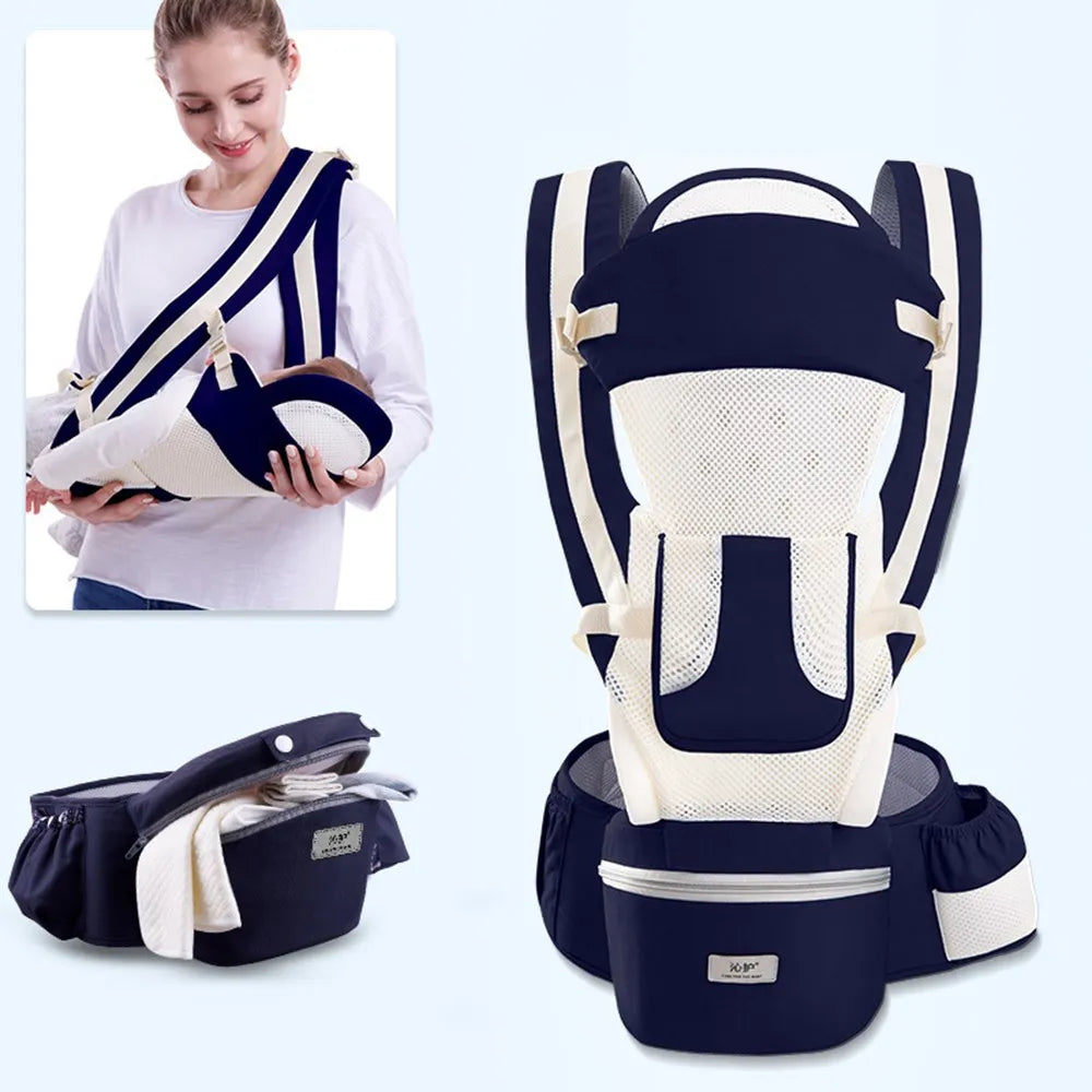 Ergonomic baby carrier with multiple adjustments for newborns to toddlers, featuring a hip seat.