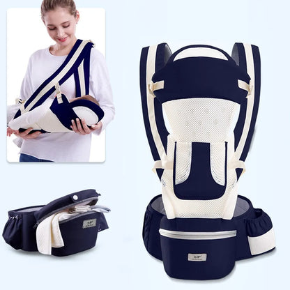 Ergonomic baby carrier with multiple adjustments for newborns to toddlers, featuring a hip seat.