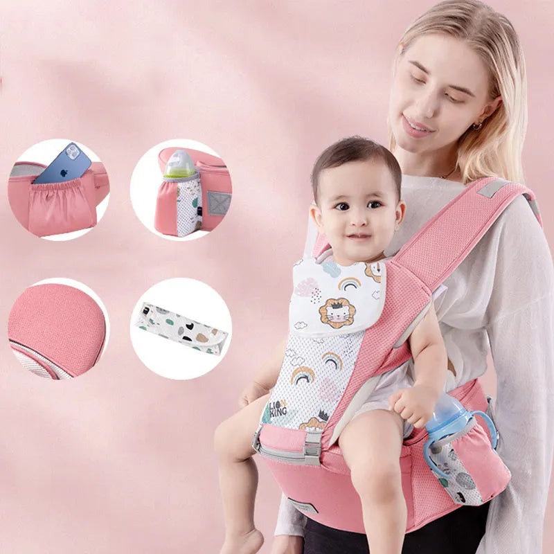 Hands-free parenting with ergonomic baby carrier and integrated hip seat for infant support.