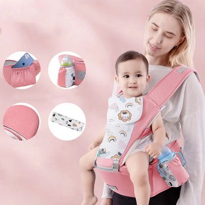Hands-free parenting with ergonomic baby carrier and integrated hip seat for infant support.
