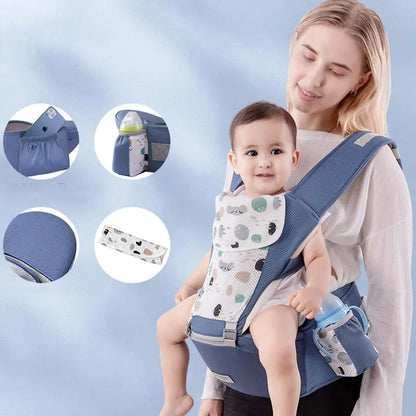 Details of the secure buckle and strong fabric of the ergonomic baby carrier with hip seat.