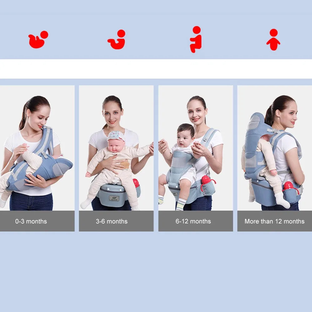 Adjustable ergonomic baby carrier in black, featuring a secure front-facing hip seat.