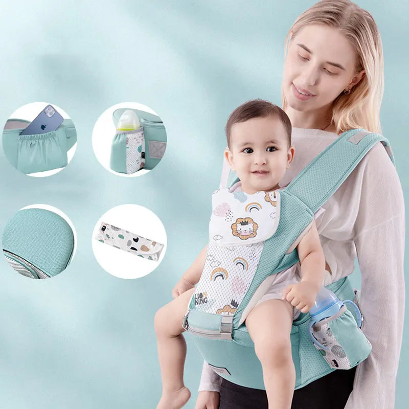 Ergonomic baby carrier in a boxed package, emphasizing its hip seat and comfort features.