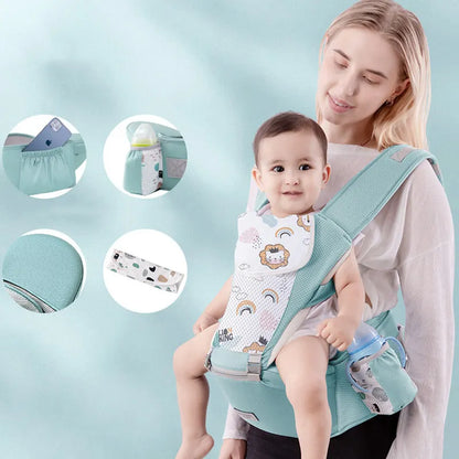 Ergonomic baby carrier in a boxed package, emphasizing its hip seat and comfort features.