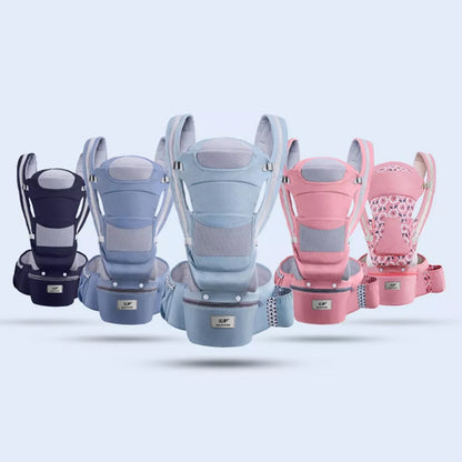 Infant exploring surroundings from an ergonomic front-facing baby carrier with hip seat.