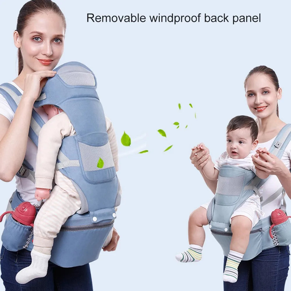 Designed for baby travel: ergonomic carrier with hip seat, lightweight and portable.
